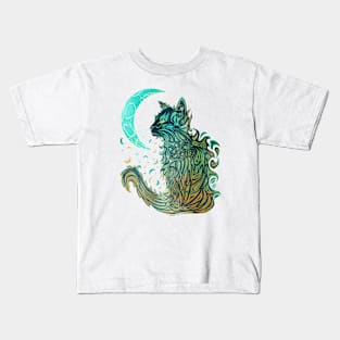 Cat Moon Dreaming (Turquoise Edition) Kids T-Shirt